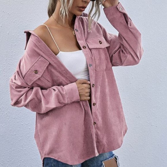 Pink Boyfriend oversized Button Front Corduroy sha - Picture 2 of 6